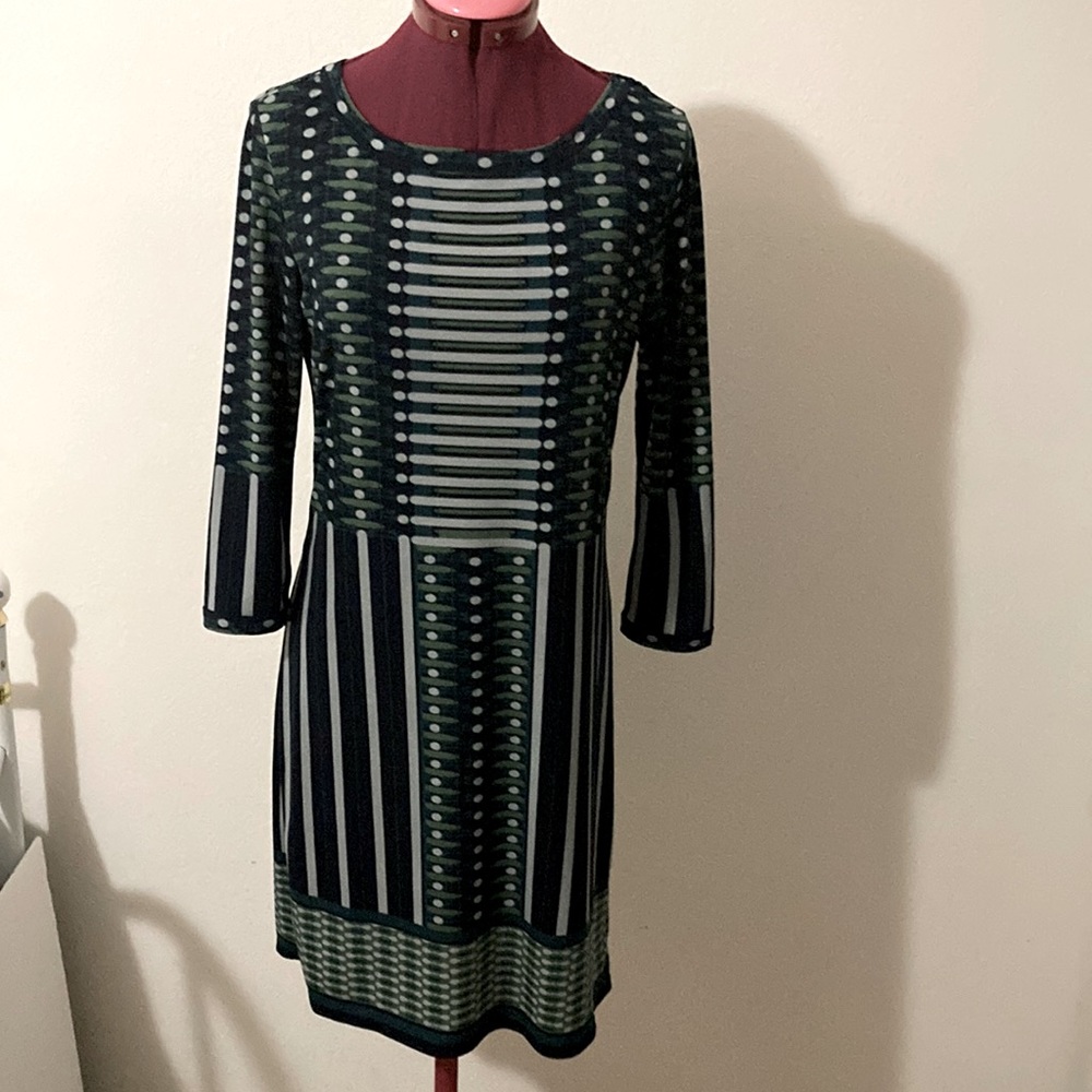 MAX STUDIO size Small. black blue & green 3/4 sleeves dress with dots & stripes
